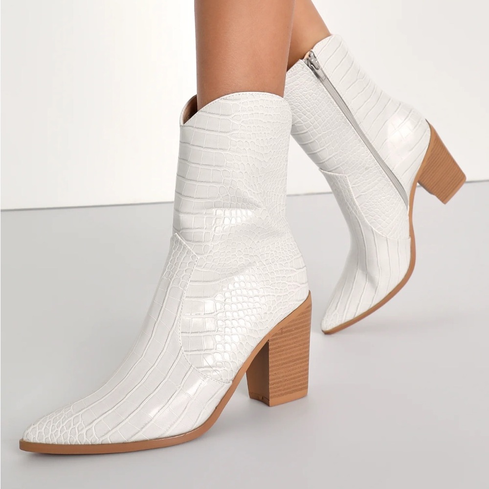 Lulus Eleora Bone Crocodile-Embossed Mid-Calf High Heel Boots - Picture 4 of 9
